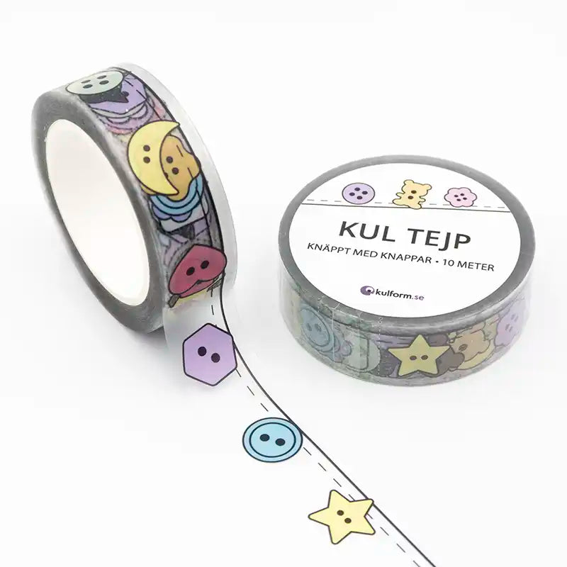 En söm och en rad med knappar pryder denna tejp