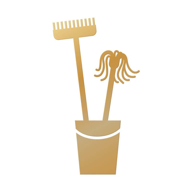 Mop and broom in bucket, gold