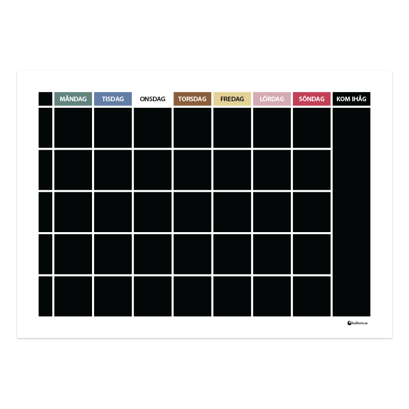Planeringstavla med veckodagsfärger och kom ihåg-fält, 5 rader (70×50 cm)