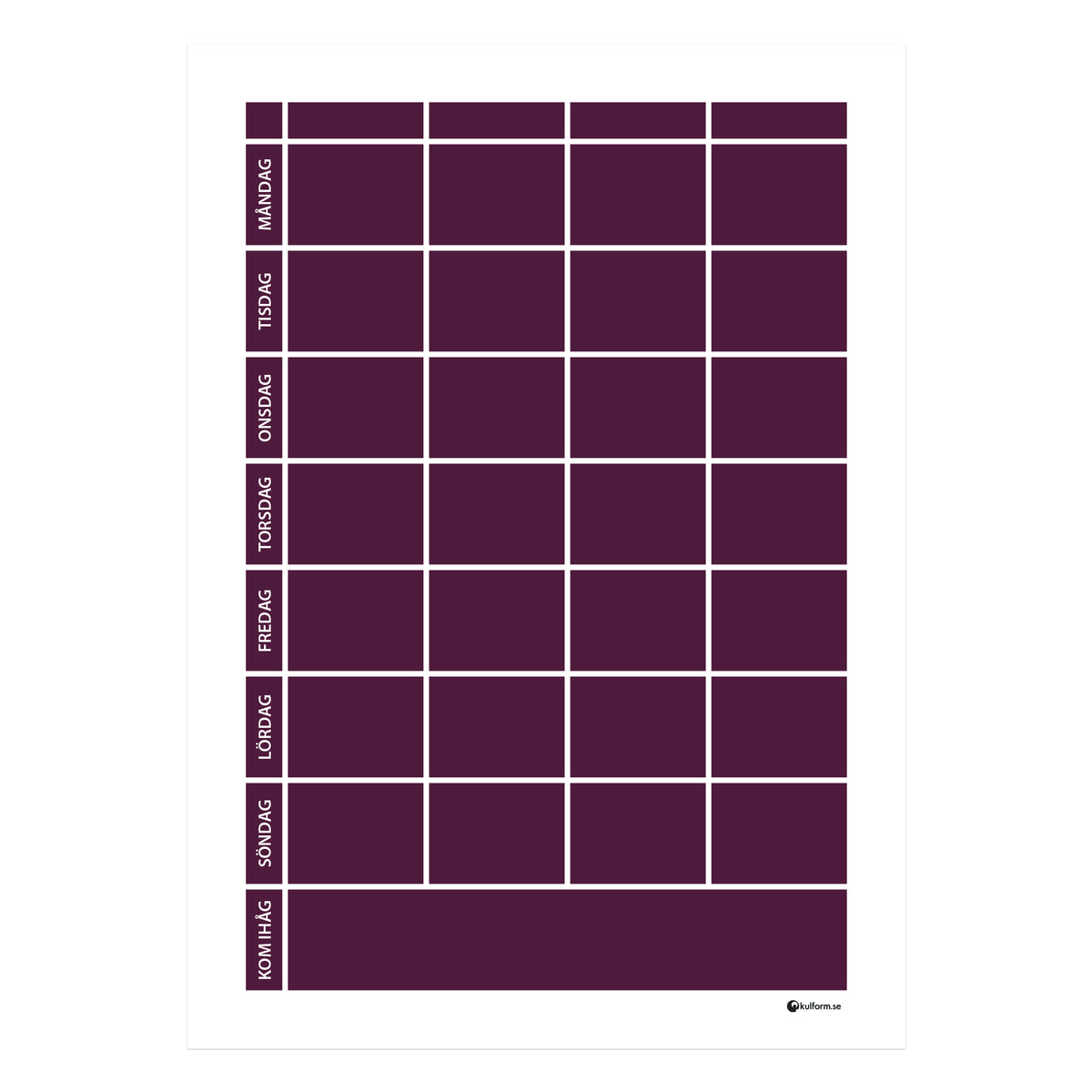 Planeringstavla med kom ihåg-fält, 4 kolumner (50×70 cm) i färg "Burgundy", en djup, vinröd nyans.