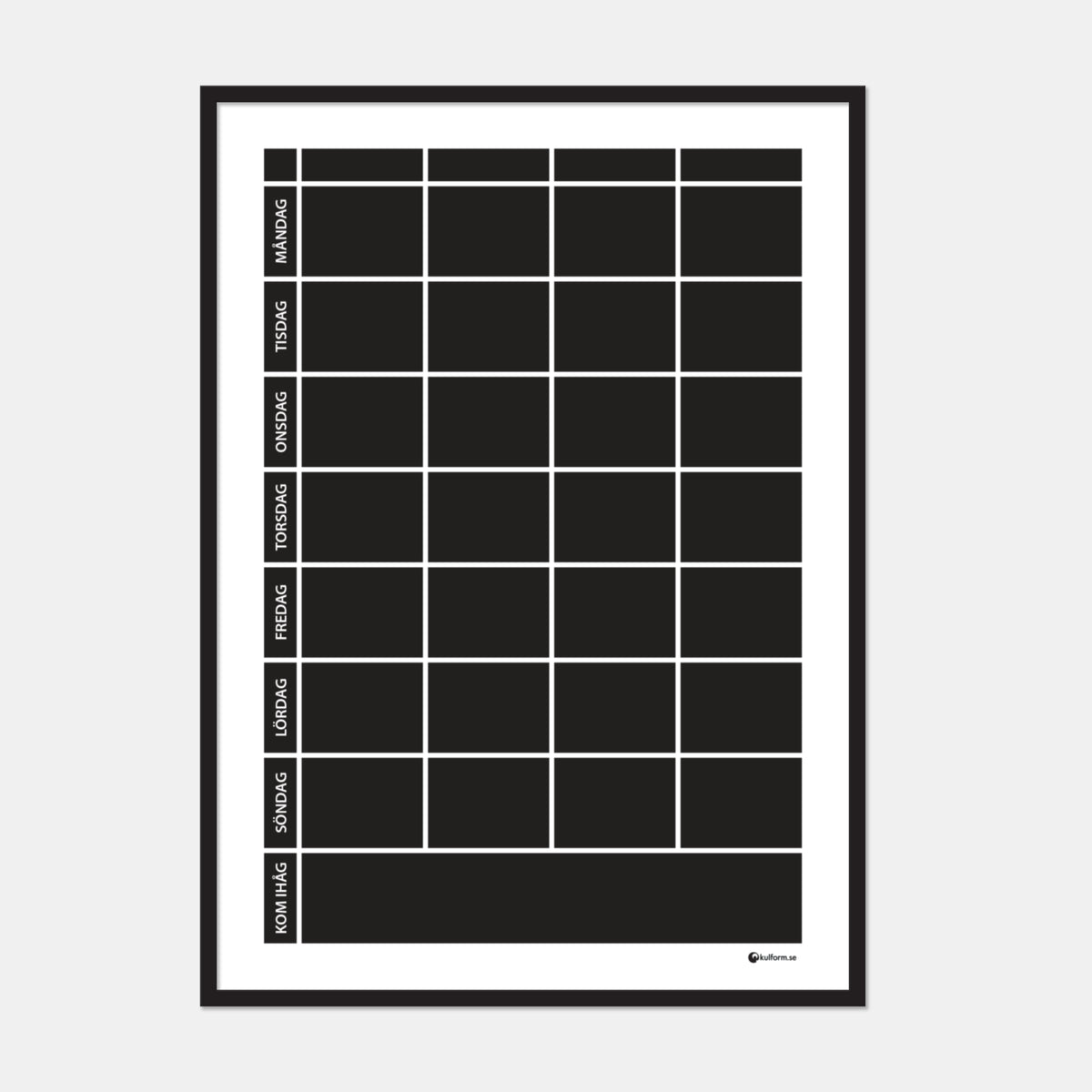 Planeringstavla med kom ihåg-fält, 4 kolumner (50×70 cm) i ram med tunn svart profil