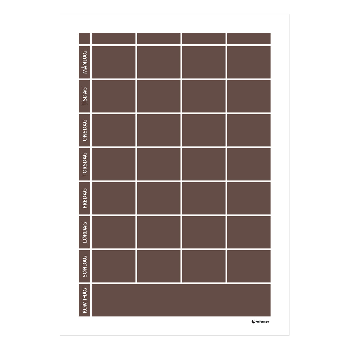 Planeringstavla med kom ihåg-fält, 4 kolumner (50×70 cm) i färg "Chocolate", en varm, chokladbrun nyans.