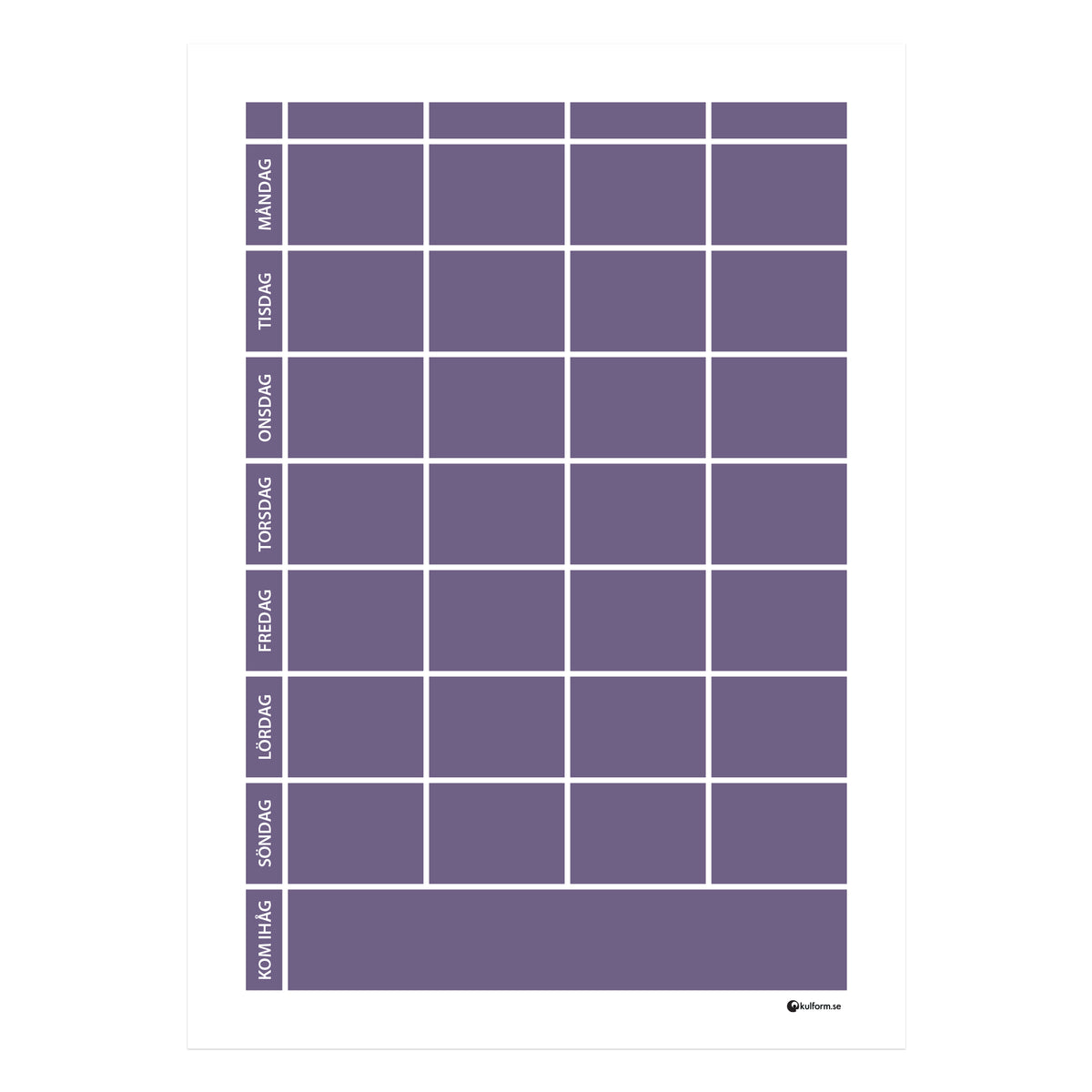 Planeringstavla med kom ihåg-fält, 4 kolumner (50×70 cm) i färg "Dark lavender", en elegant, mörk lila nyans.