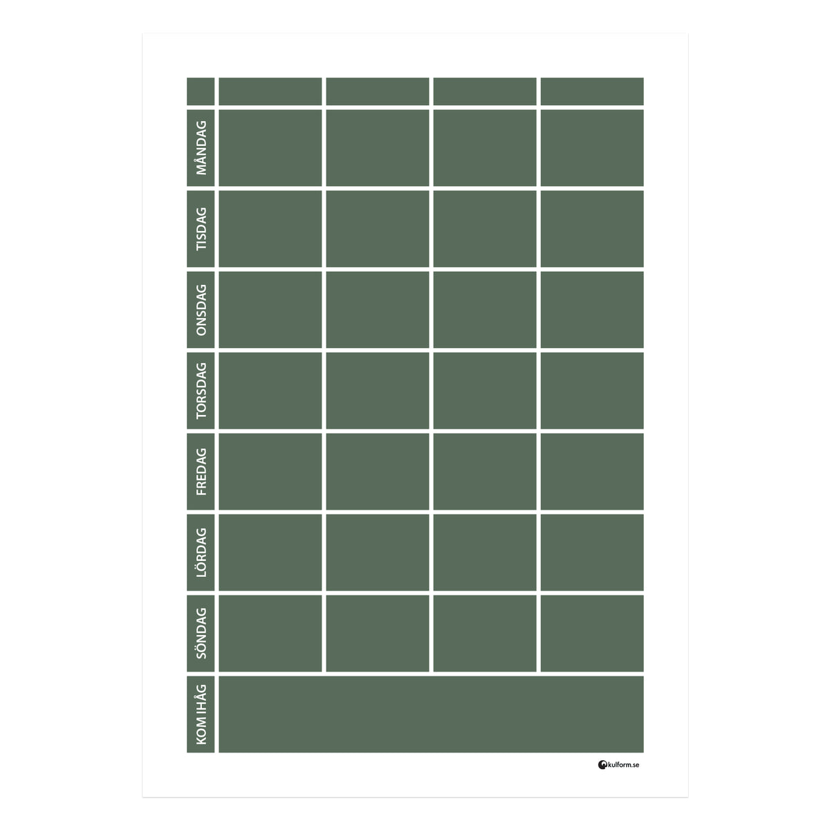 Planeringstavla med kom ihåg-fält, 4 kolumner (50×70 cm) i färg "Deep sage", en vacker, mörk grågrön nyans.