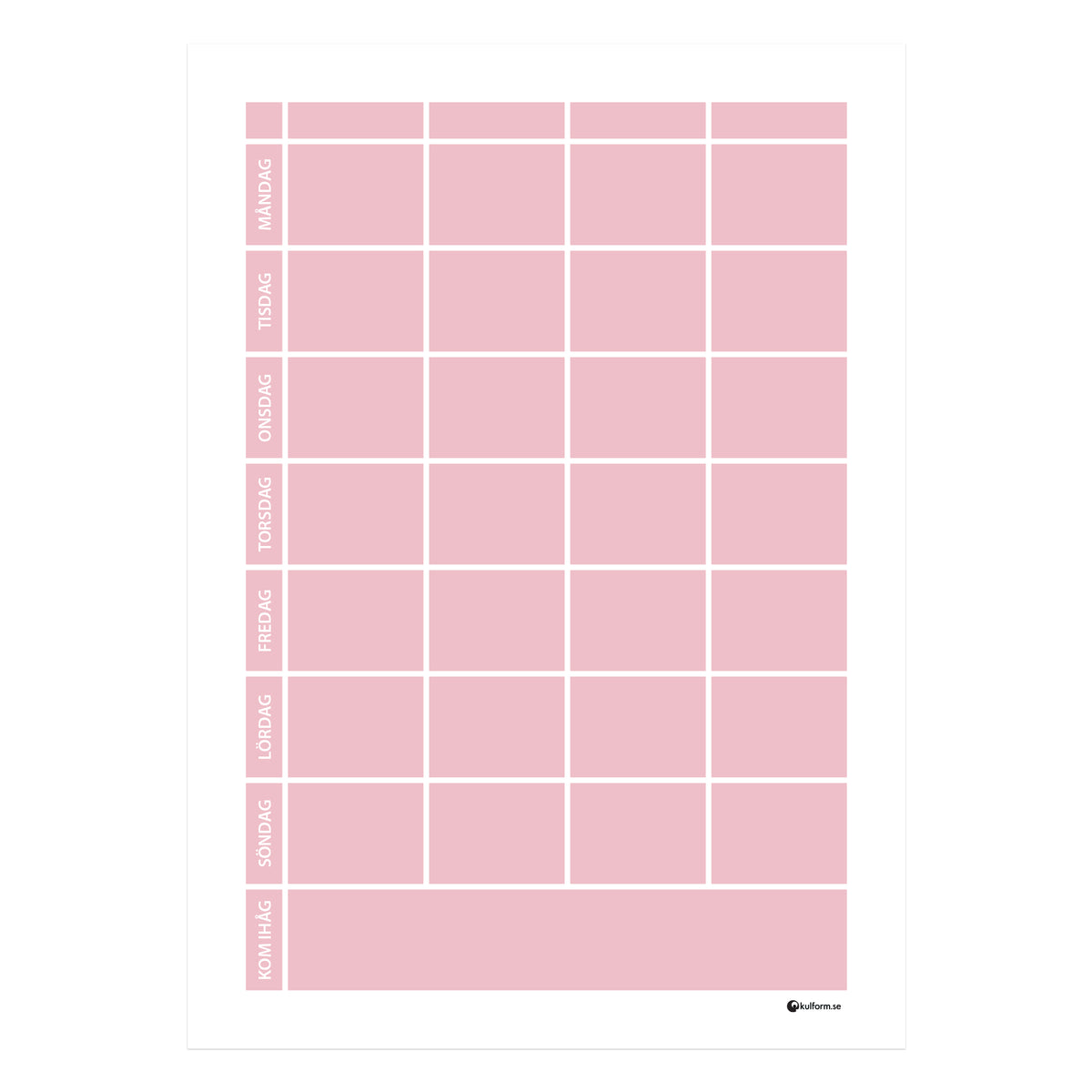 Planeringstavla med kom ihåg-fält, 4 kolumner (50×70 cm) i färg "Dusty pink", en mjuk, dämpad rosa nyans.