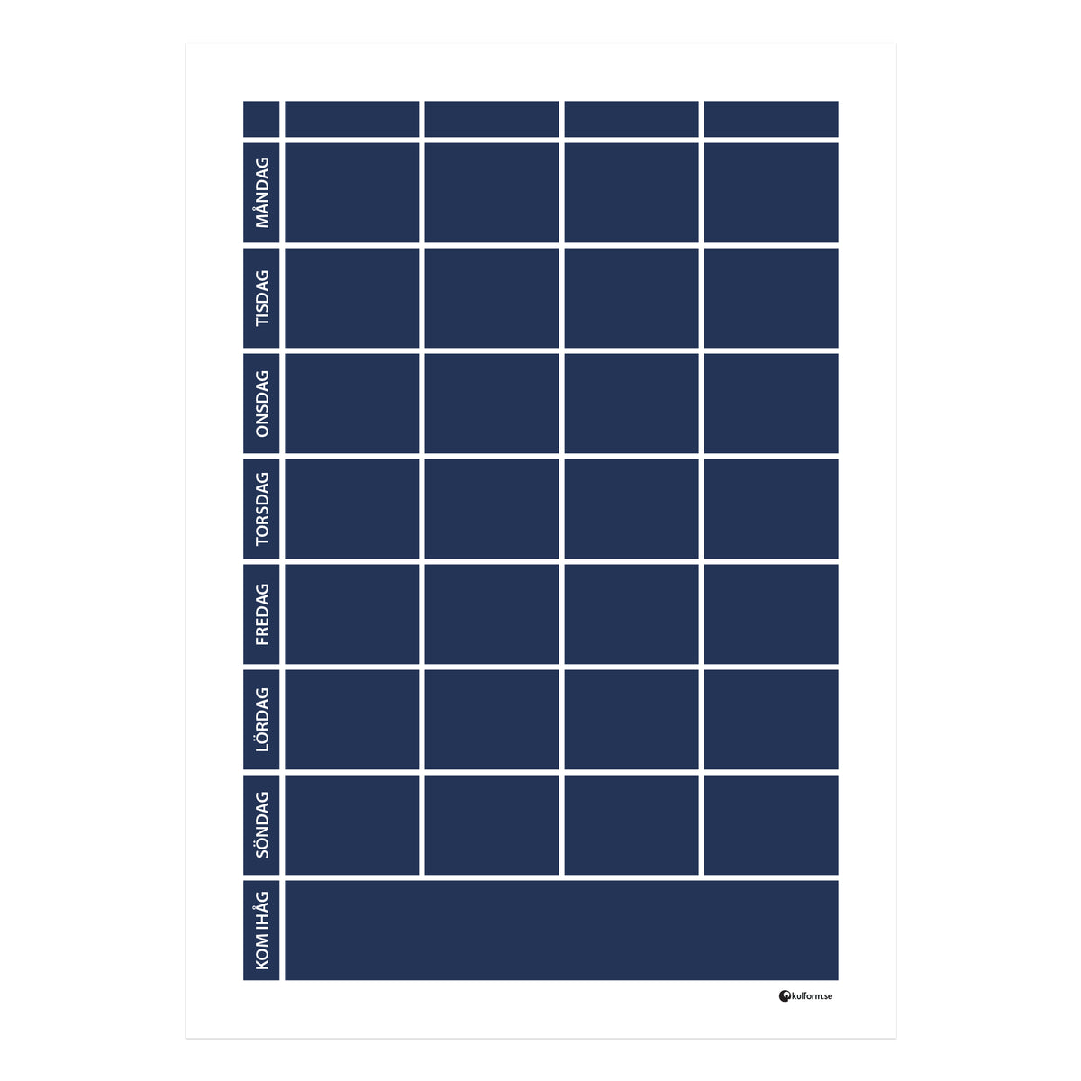 Planeringstavla med kom ihåg-fält, 4 kolumner (50×70 cm) i färg "Navy", en tidlös, marinblå nyans.