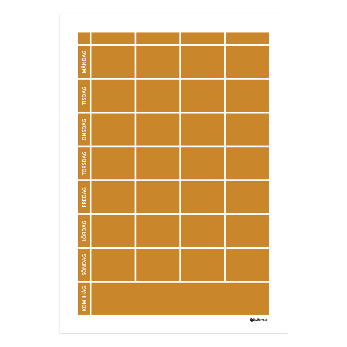 Planeringstavla med kom ihåg-fält, 4 kolumner (50×70 cm) i färg "Ochre", en varm, mörk gul ockra.