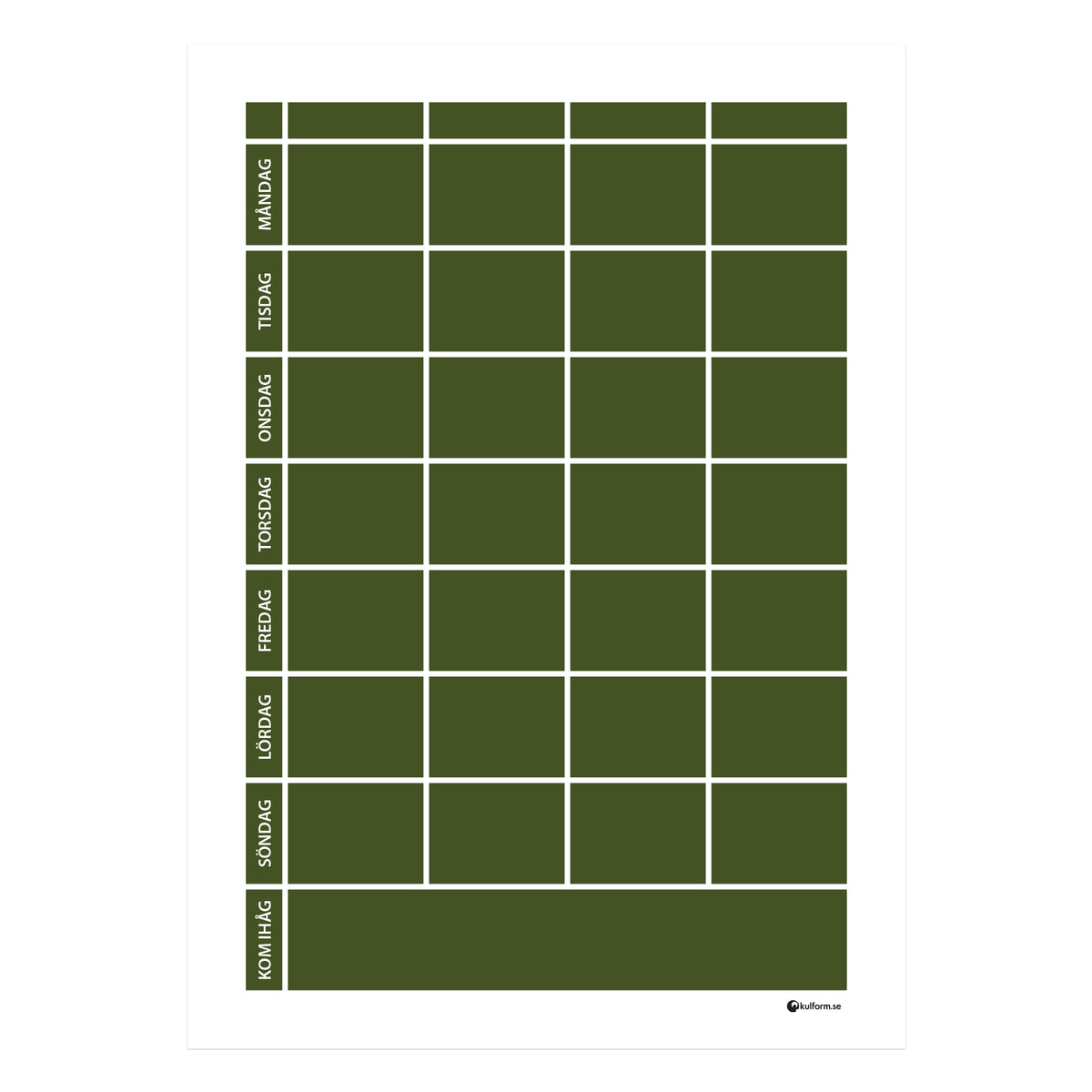 Planeringstavla med kom ihåg-fält, 4 kolumner (50×70 cm) i färg "Olive", en jordnära, olivgrön nyans.