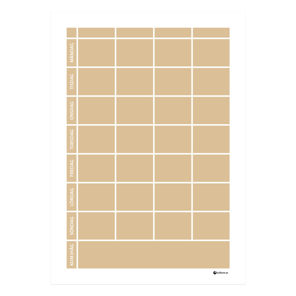 Planeringstavla med kom ihåg-fält, 4 kolumner (50×70 cm) i färg "Sand", en varm, sandfärgad ton.