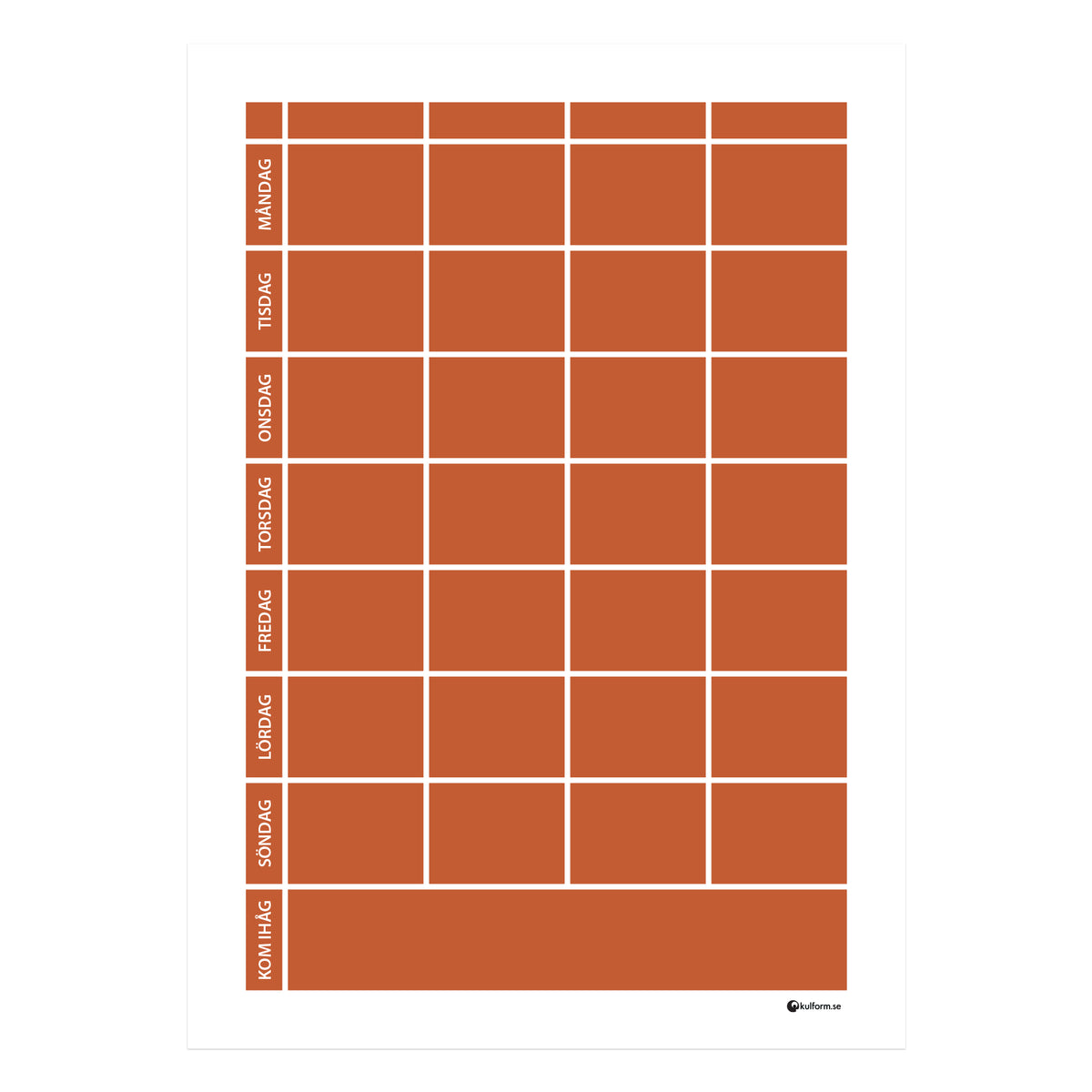 Planeringstavla med kom ihåg-fält, 4 kolumner (50×70 cm) i färg "Terracotta", en varm, terrakottaröd nyans.