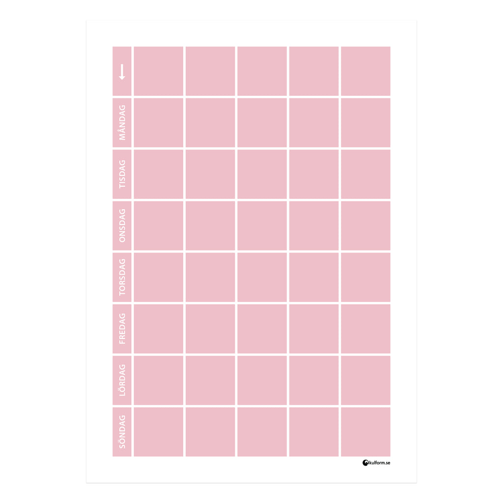 Planeringstavla, vecka (50x70 cm) i färg "Dusty pink", en mjuk, dämpad rosa nyans.