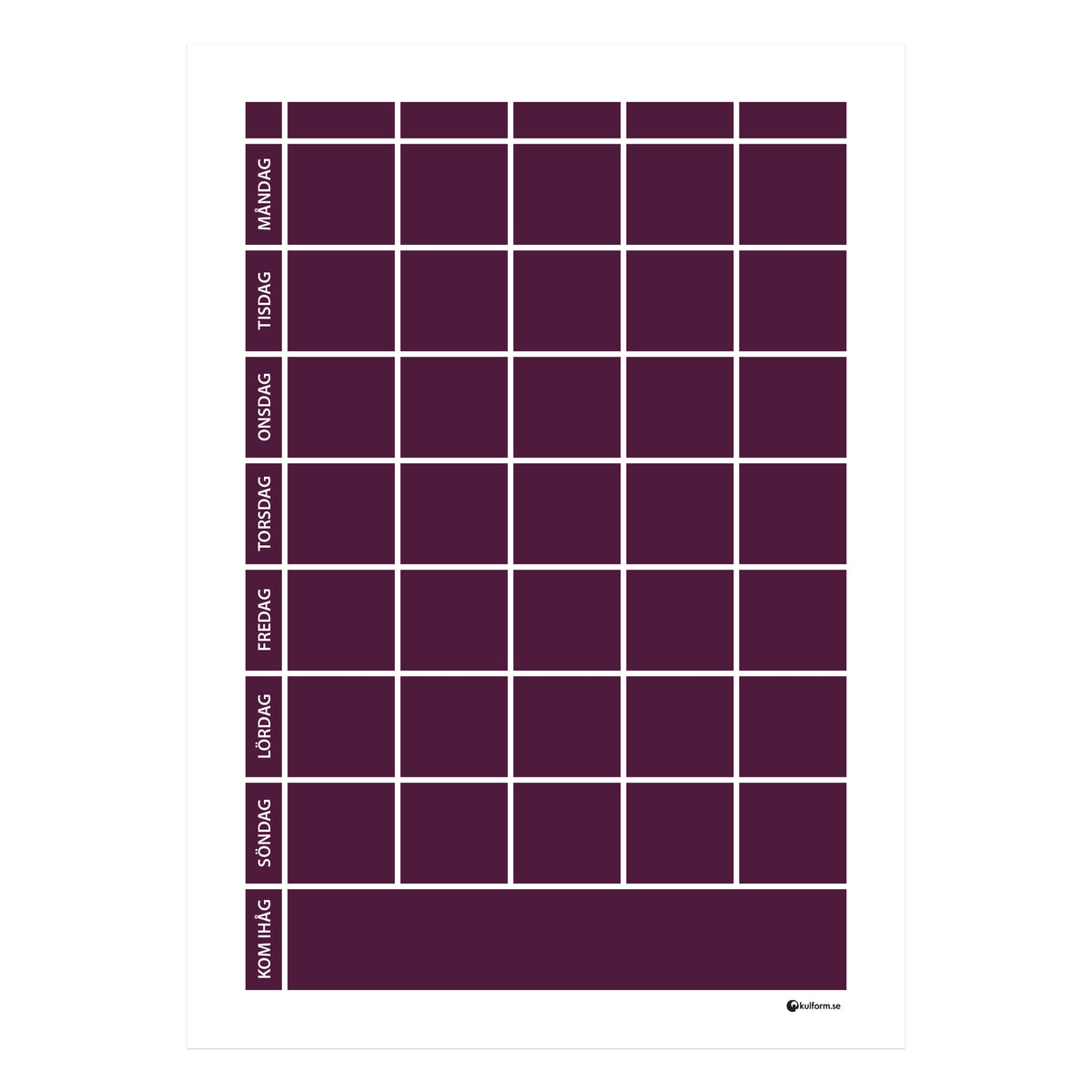 Planeringstavla med kom ihåg-fält, 5 kolumner (50×70 cm) i färg "Burgundy", en djup, vinröd nyans.