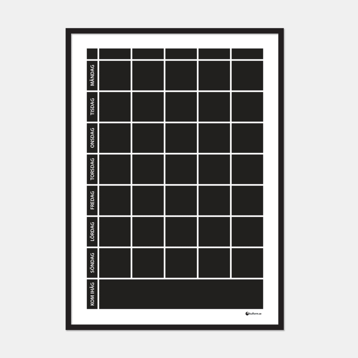 Planeringstavla med kom ihåg-fält, 5 kolumner (50×70 cm) i ram med tunn svart profil