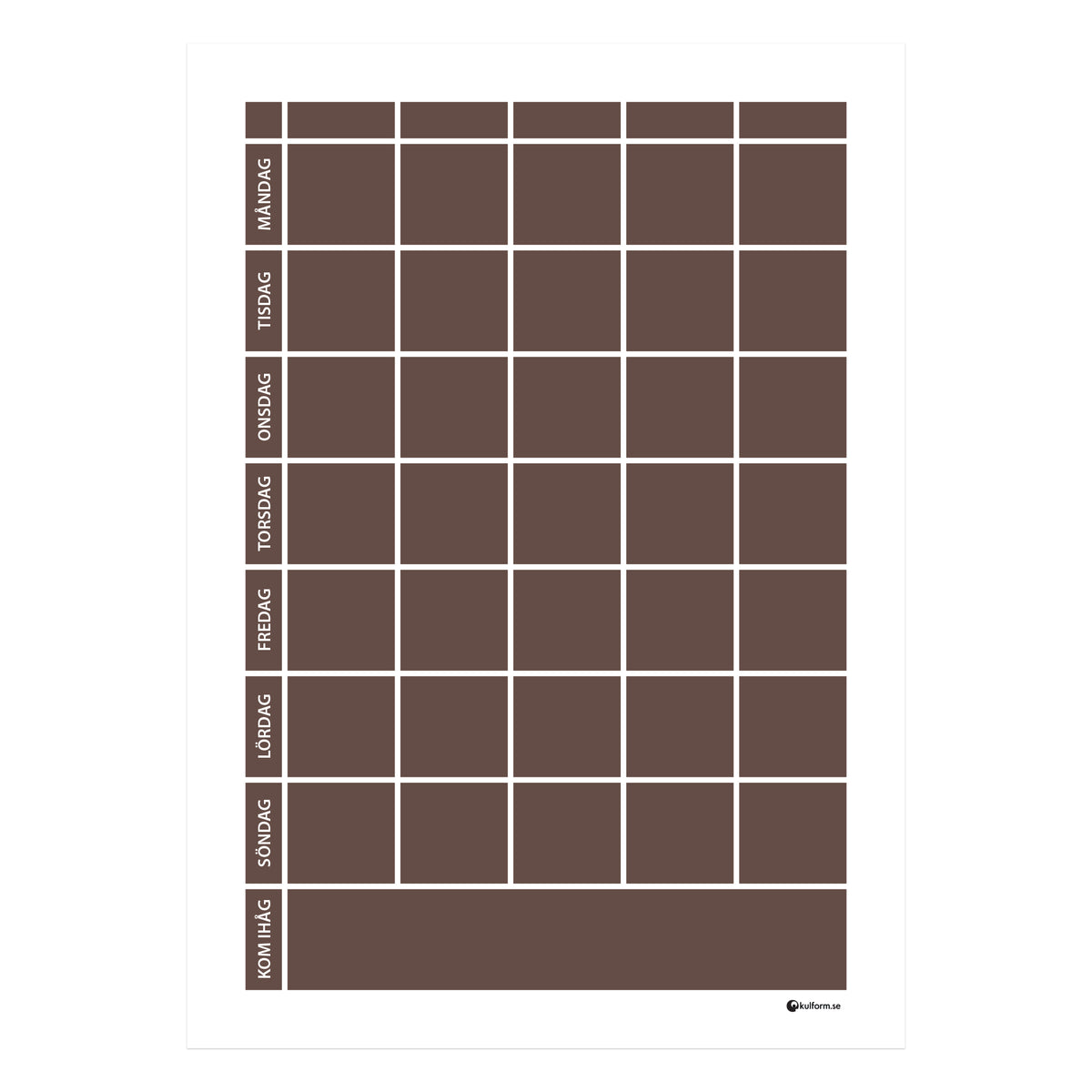 Planeringstavla med kom ihåg-fält, 5 kolumner (50×70 cm) i färg "Chocolate", en varm, chokladbrun nyans.