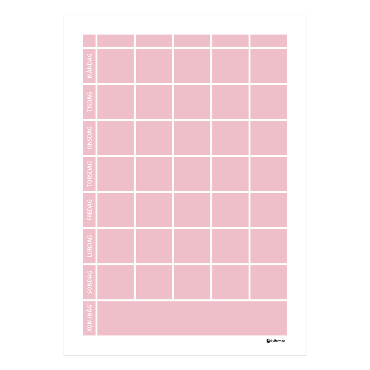 Planeringstavla med kom ihåg-fält, 5 kolumner (50×70 cm) i färg "Dusty pink", en mjuk, dämpad rosa nyans.
