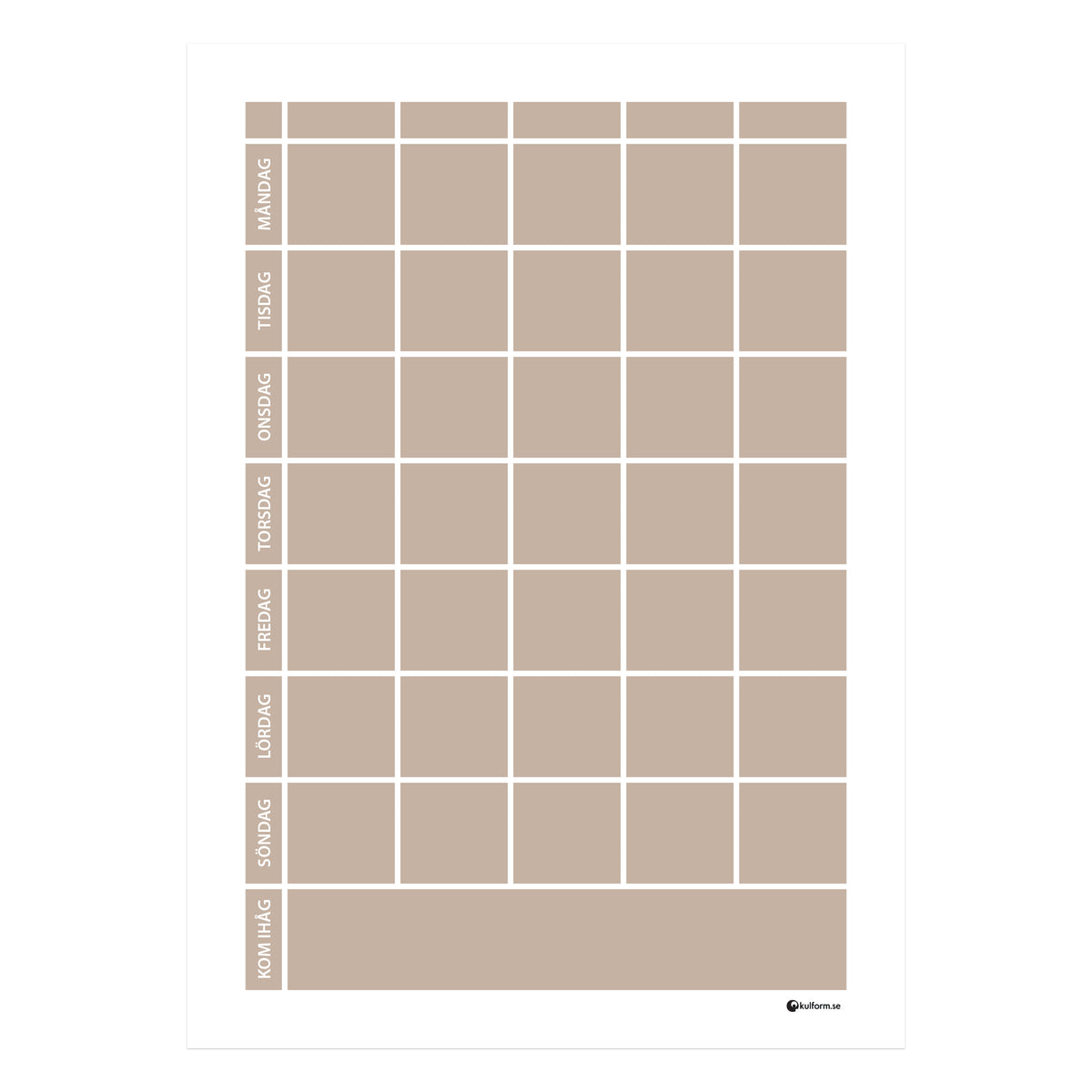 Planeringstavla med kom ihåg-fält, 5 kolumner (50×70 cm) i färg "Greige", en harmonisk blandning av beige och grå.