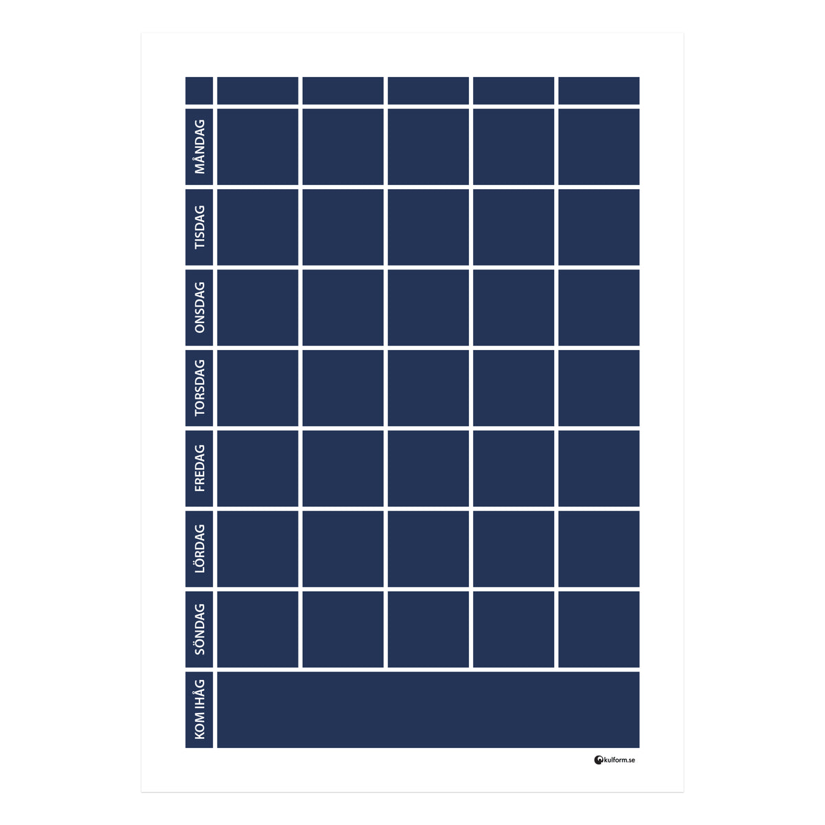 Planeringstavla med kom ihåg-fält, 5 kolumner (50×70 cm) i färg "Navy", en tidlös, marinblå nyans.