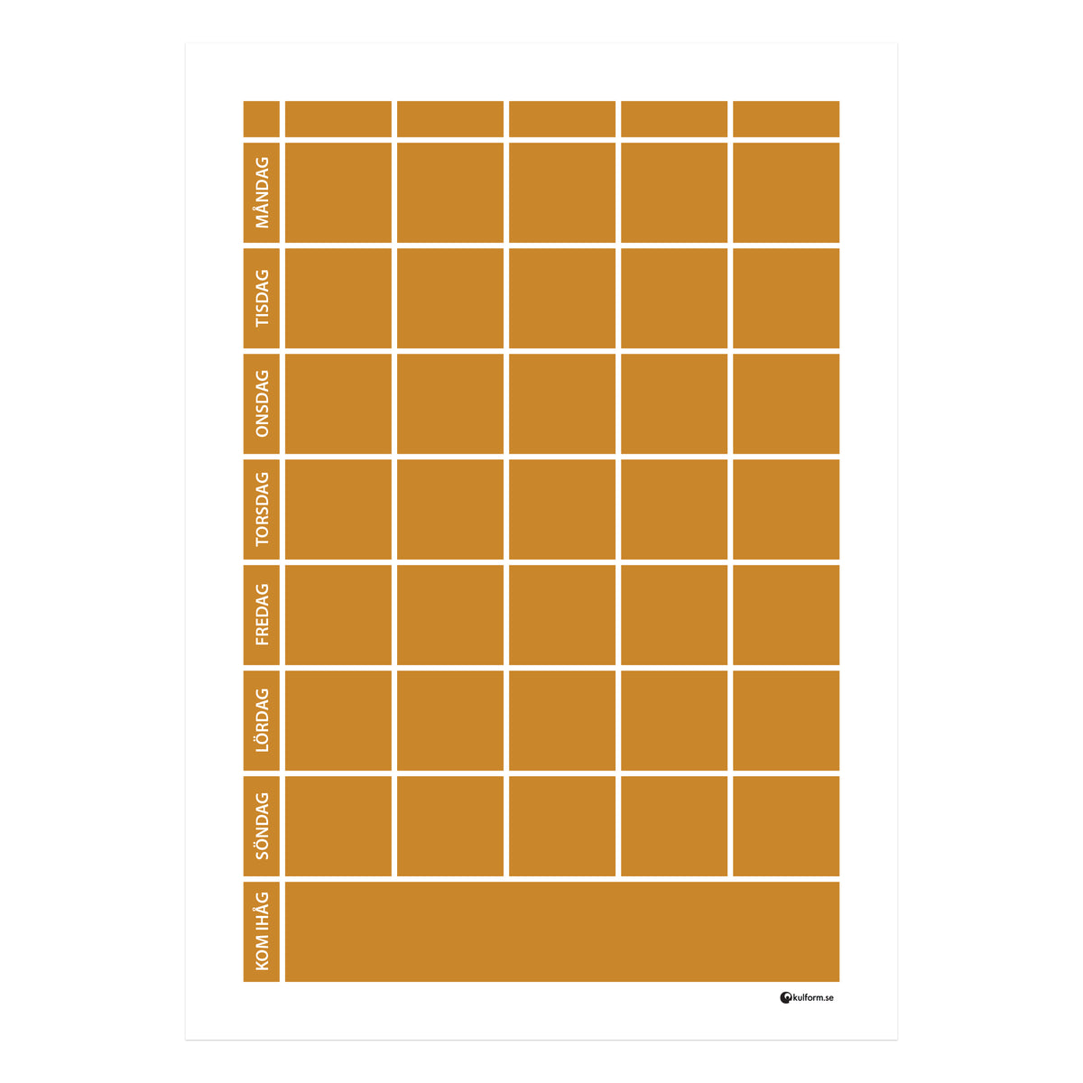 Planeringstavla med kom ihåg-fält, 5 kolumner (50×70 cm) i färg "Ochre", en varm, mörk gul ockra.