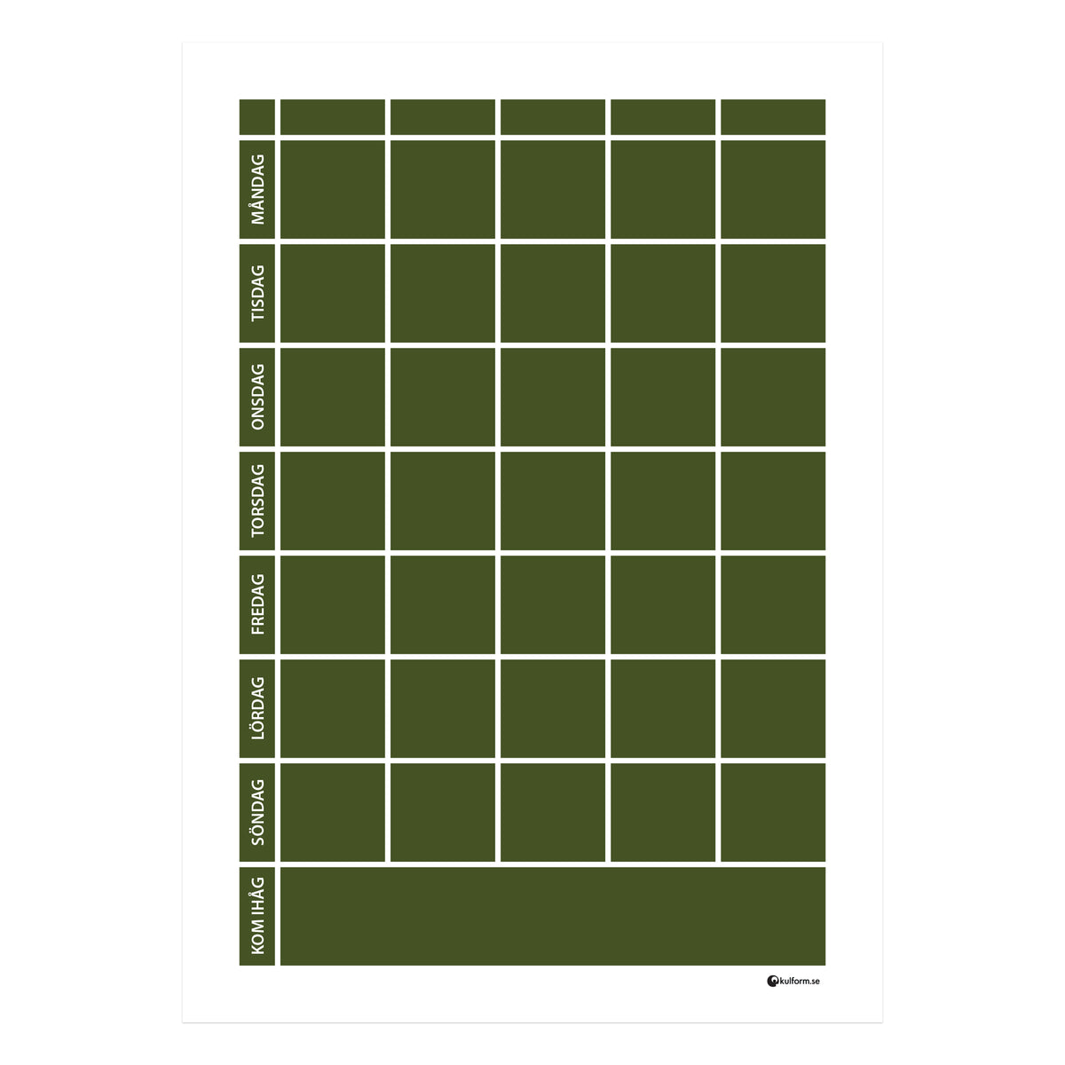 Planeringstavla med kom ihåg-fält, 5 kolumner (50×70 cm) i färg "Olive", en jordnära, olivgrön nyans.