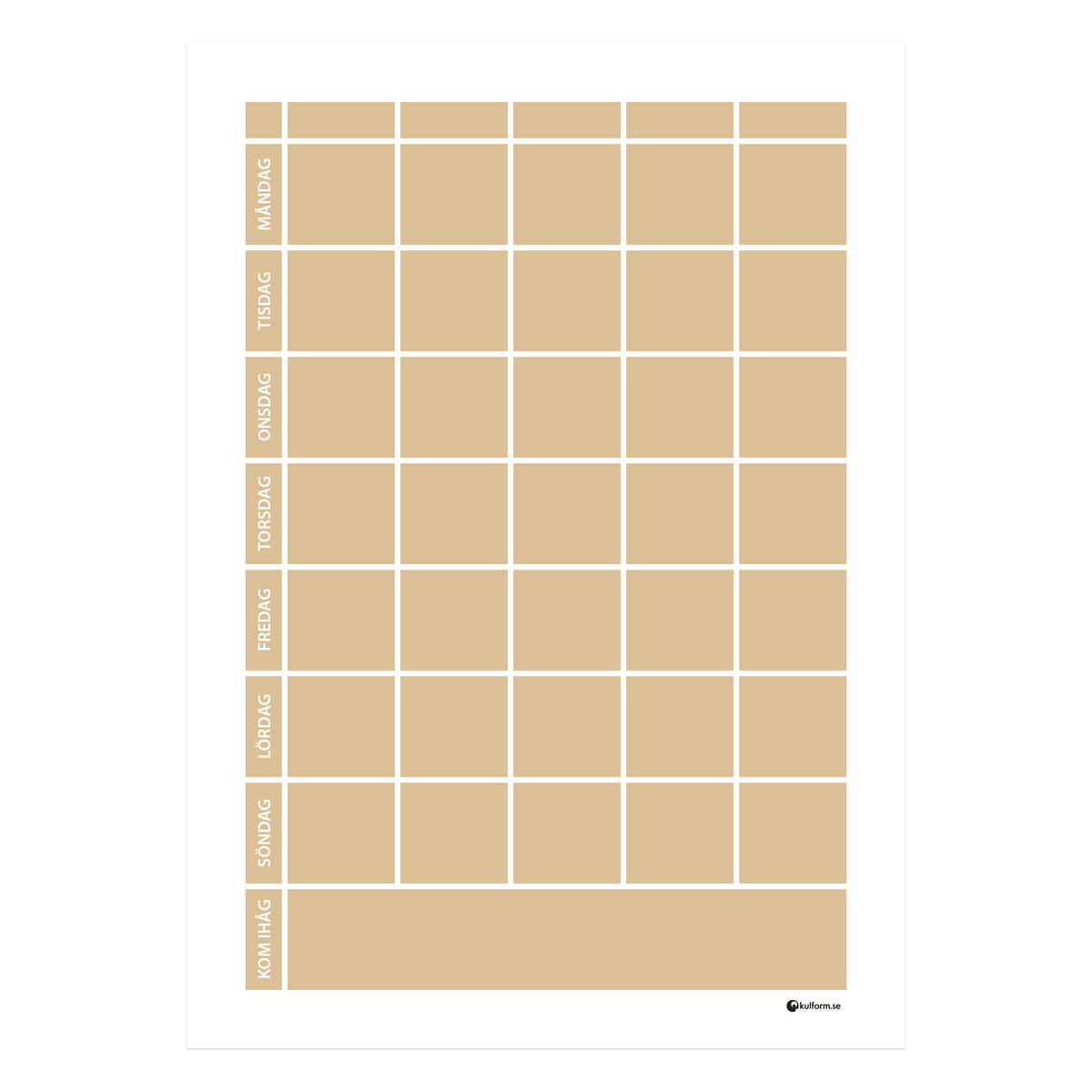 Planeringstavla med kom ihåg-fält, 5 kolumner (50×70 cm) i färg "Sand", en varm, sandfärgad ton.