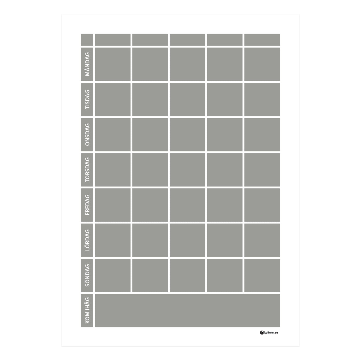 Planeringstavla med kom ihåg-fält, 5 kolumner (50×70 cm) i färg "Slate", en stilren, mörkgrå nyans.