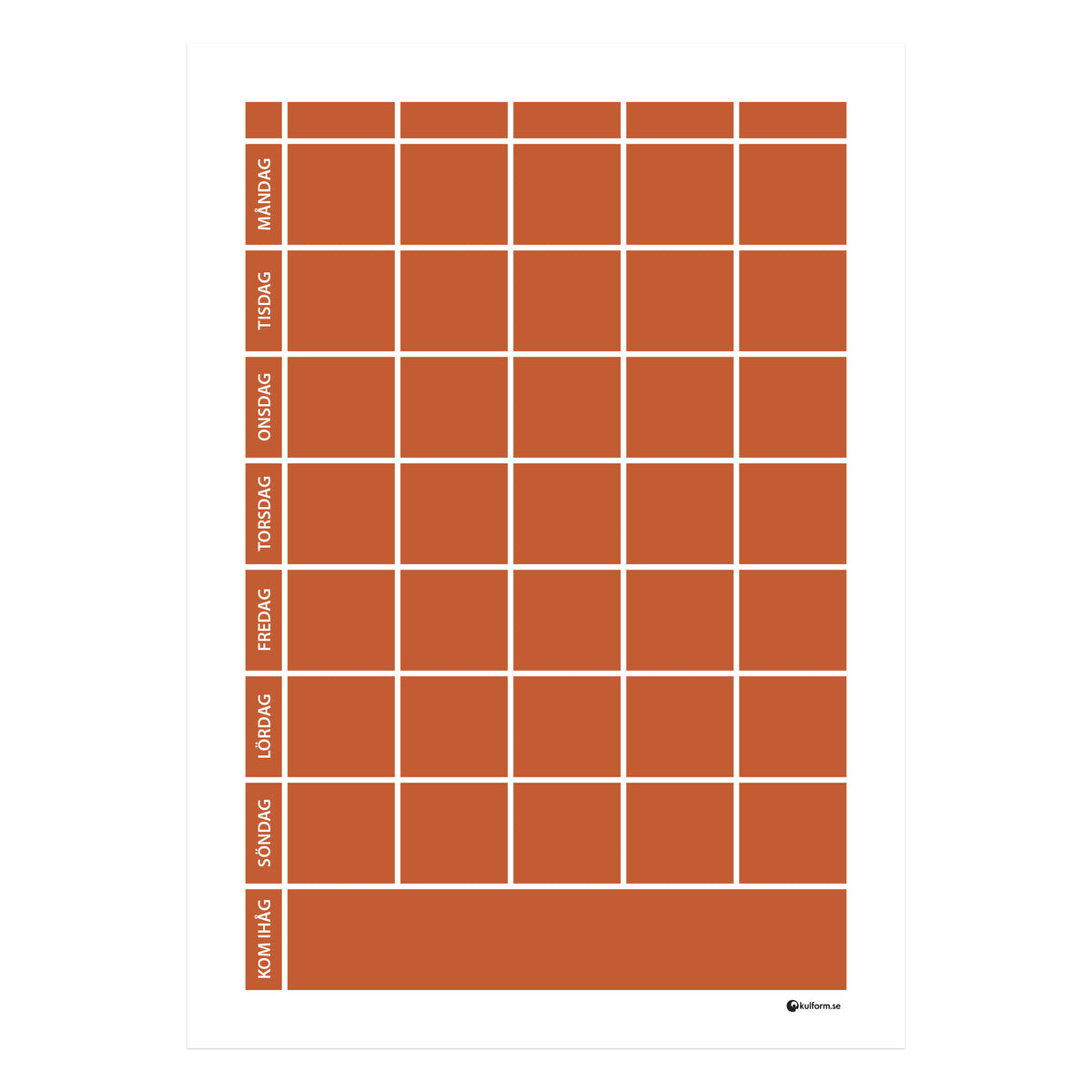 Planeringstavla med kom ihåg-fält, 5 kolumner (50×70 cm) i färg "Terracotta", en varm, terrakottaröd nyans.