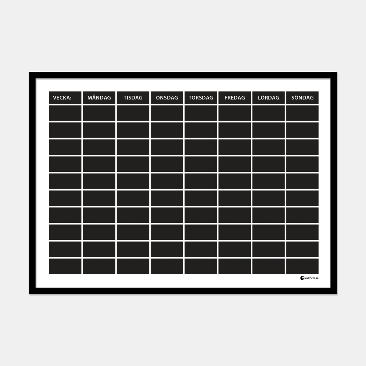 Planeringstavla, vecka med 10 rader (70×50 cm) i ram med tunn svart profil