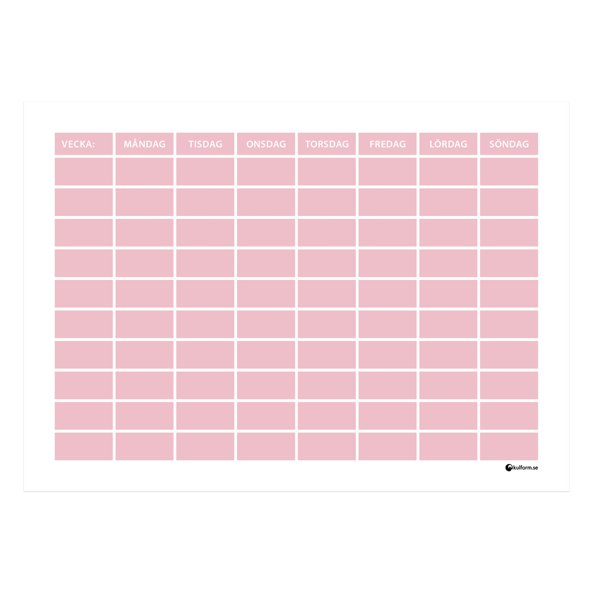 Planeringstavla, vecka med 10 rader (70×50 cm) i färg "Dusty pink", en mjuk, dämpad rosa nyans.