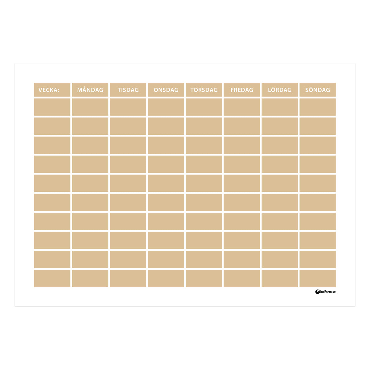 Planeringstavla, vecka med 10 rader (70×50 cm) i färg "Sand", en varm, sandfärgad ton.