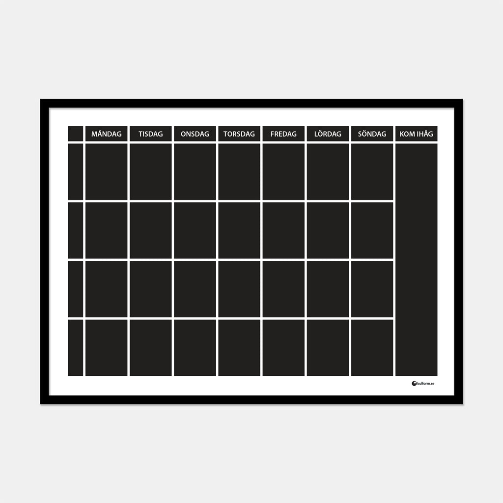 Planeringstavla med kom ihåg-fält, 4 rader (70×50 cm) i ram med tunn svart profil