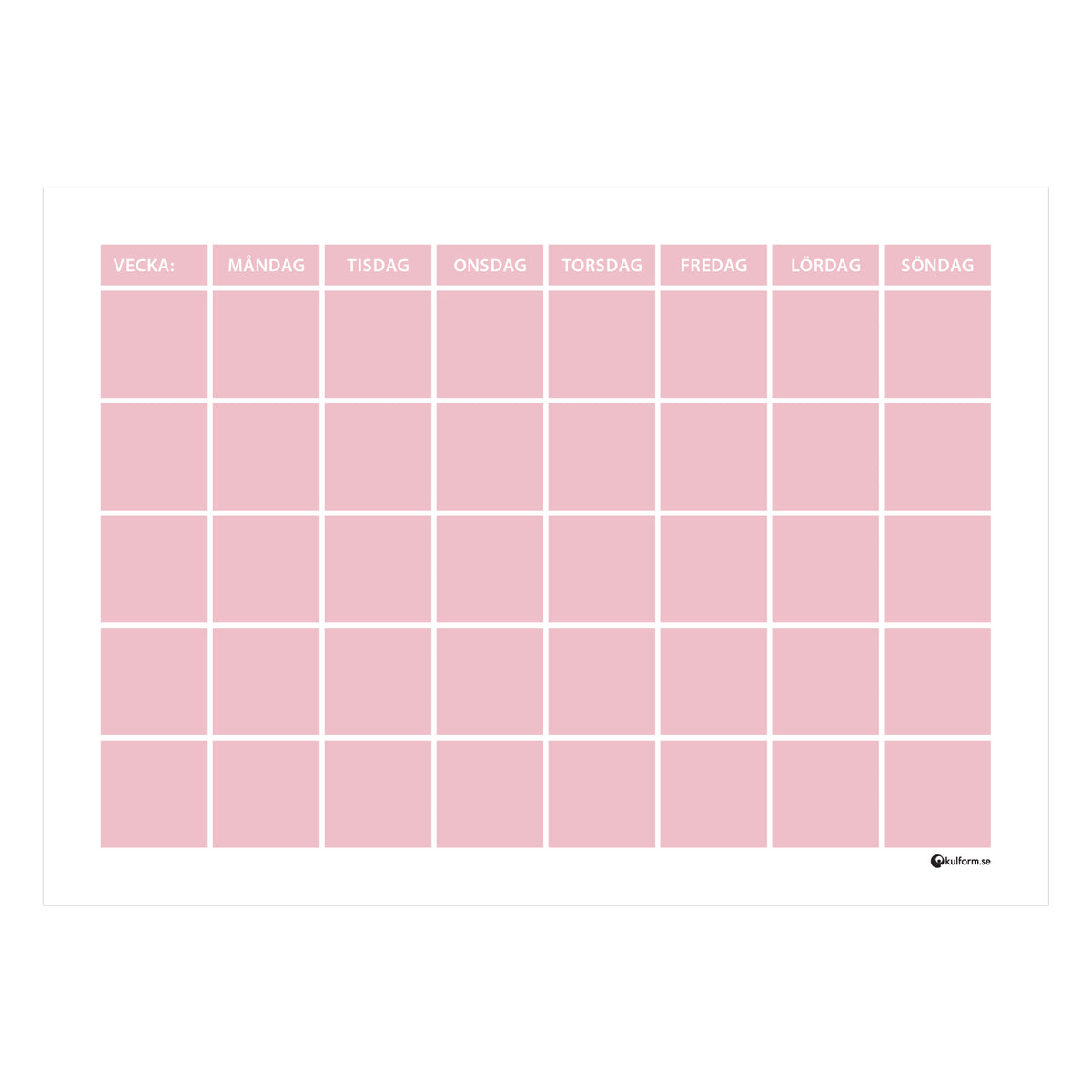 Planeringstavla, vecka (70x50 cm) i färg "Dusty pink", en mjuk, dämpad rosa nyans.