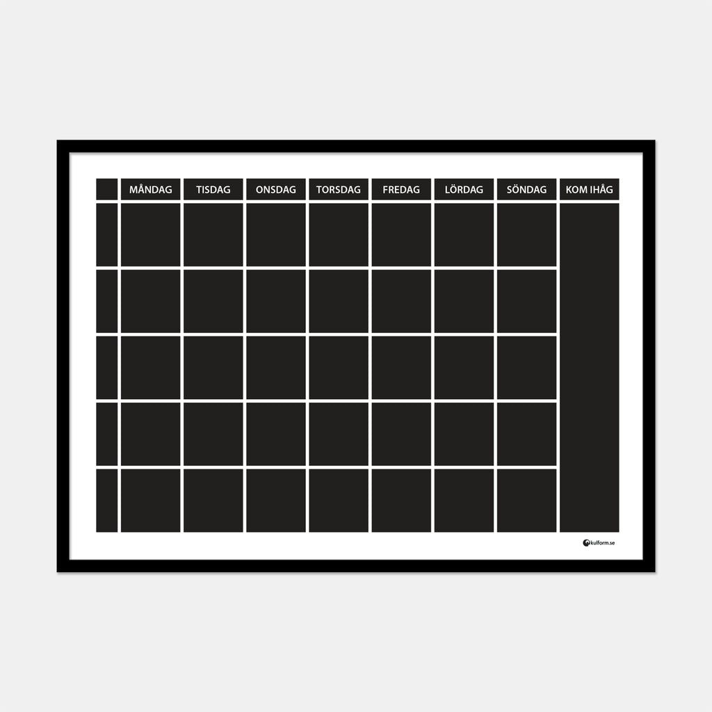 Planeringstavla med kom ihåg-fält, 5 rader (70×50 cm) i ram med tunn svart profil