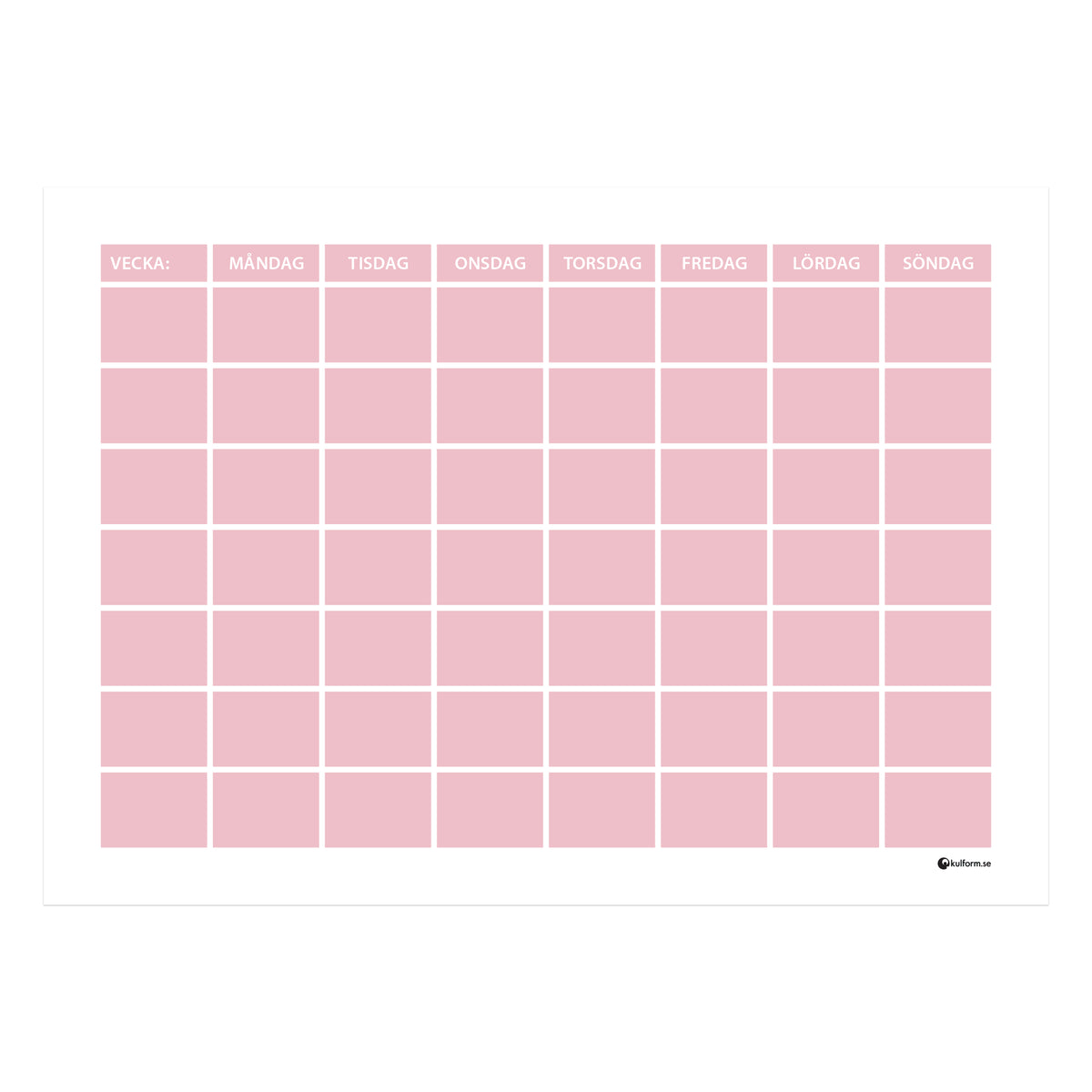 Planeringstavla, vecka med 7 rader (70×50 cm) i färg "Dusty pink", en mjuk, dämpad rosa nyans.