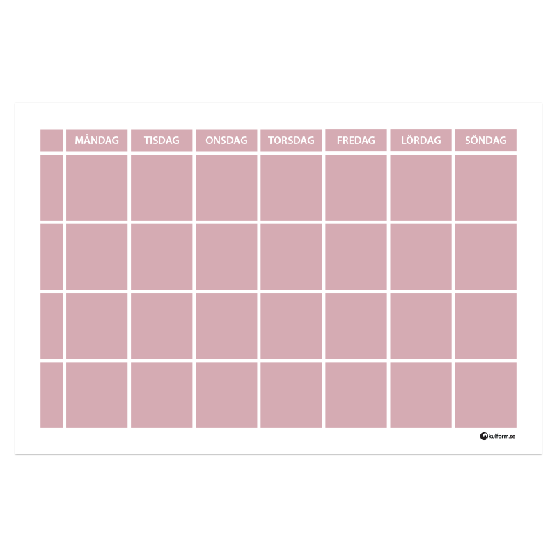 Weekly wall planner with rows (60x40 cm), pastel pink