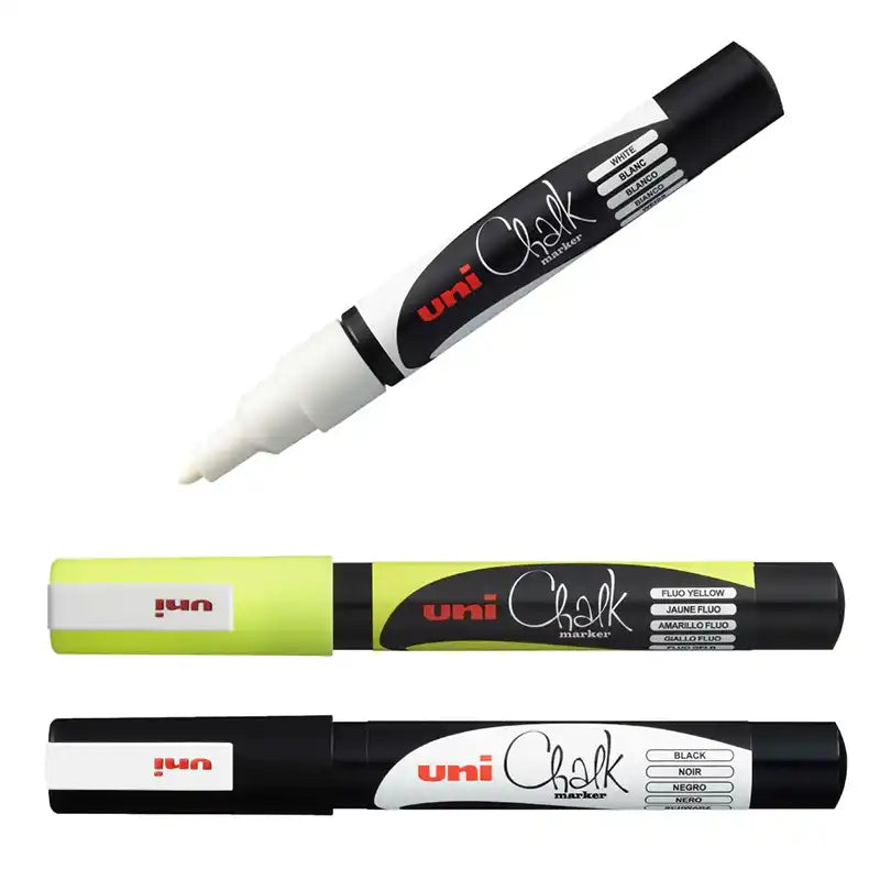 Kritpenna med tunn spets i tre färger - vit, svart och lysande gul